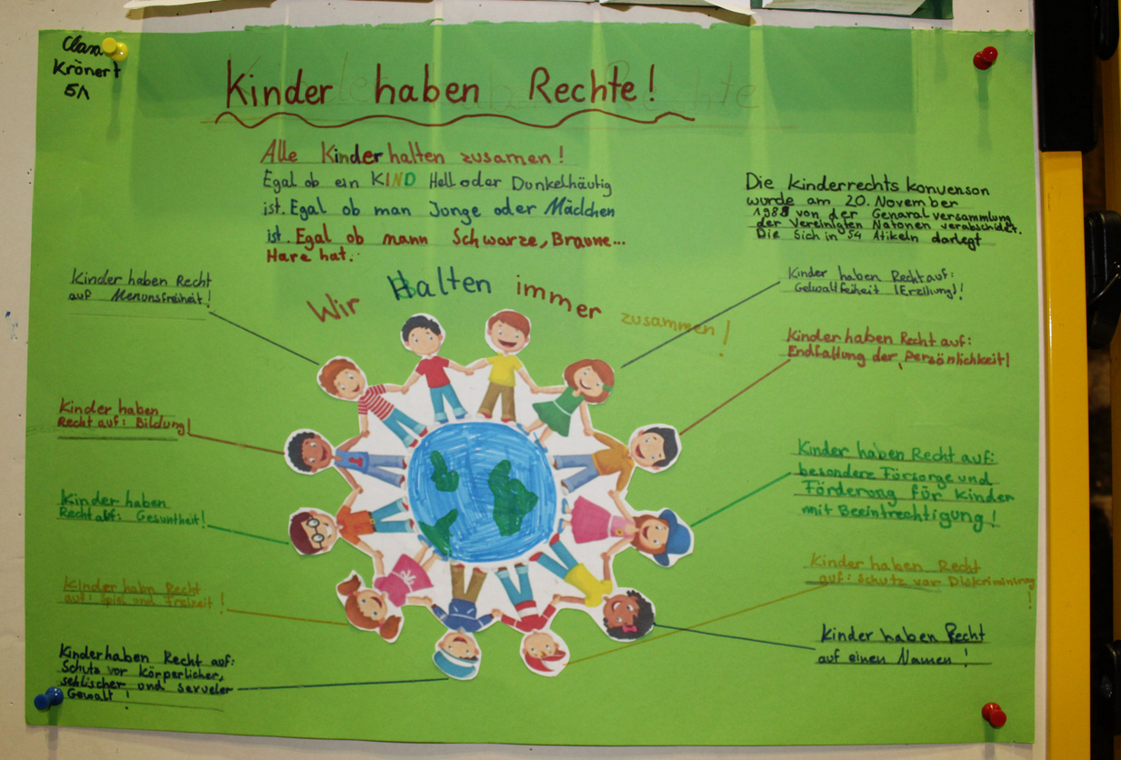Ein selbstgemaltes Plakat von Schülerinnen zum Thema Kinderrechte.