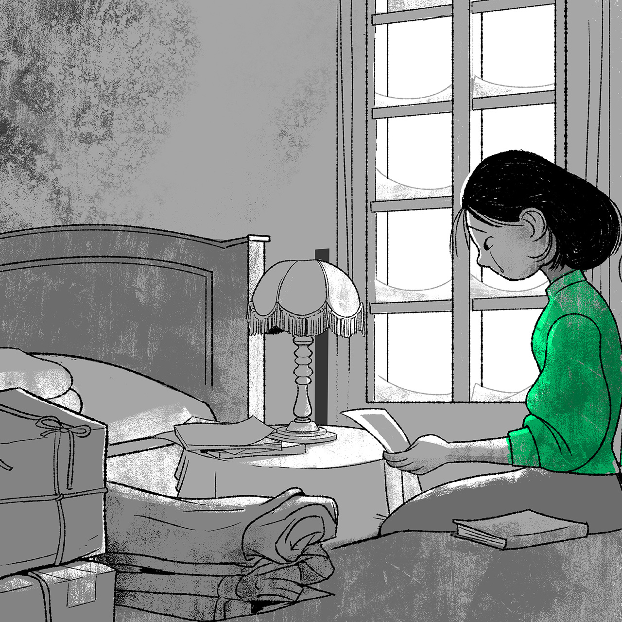 Ein Comicbild, dass eine junge Vietnamesin zeigt, die auf einem Bett sitzt und einen Brief liest.